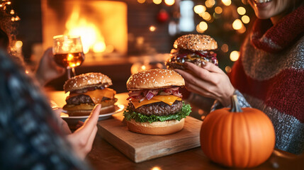 Obraz premium Cheeseburgers served in warm holiday atmosphere with fireplace, Christmas decor, and social gathering.