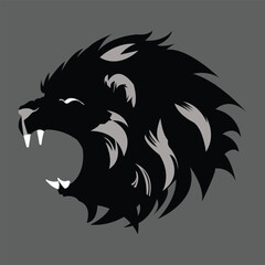Fierce Black Lion Head Silhouette on Gray
