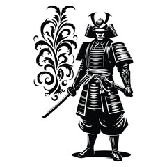 Obraz premium samurai male with victorian flourish decoration in black and white illustrations, cutout graphic