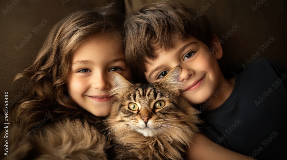 Sticker Two children smiling with a cat, showcasing a warm and joyful moment.