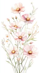 Fototapeta premium Watercolor cosmos clipart with delicate pink and white flowers
