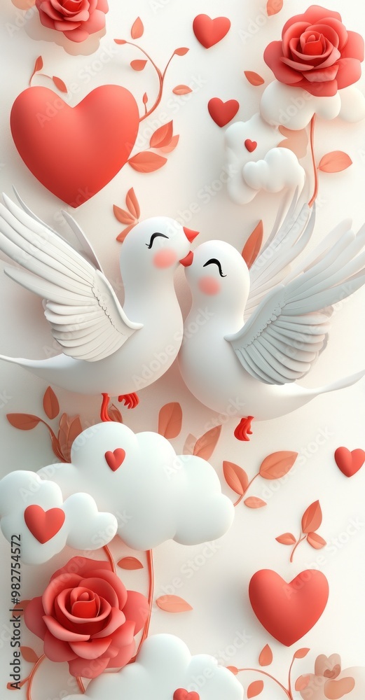 Poster A whimsical illustration of two lovebirds surrounded by hearts and roses, symbolizing love.