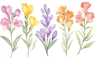 Watercolor freesia clipart with fragrant blooms in various colors