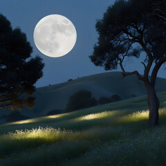 imagine a serene hillside bathed in the soft glow of a full moon