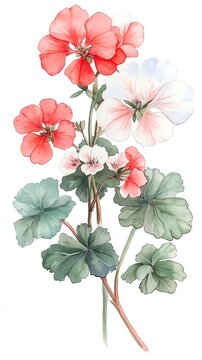 Watercolor geranium clipart with clusters of red, pink, and white blooms