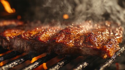 Grilled steak sizzling on a barbecue, emitting steam and smoke.