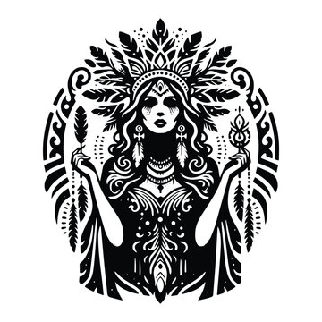 recommend clip art: shaman female with victorian flourish decoration in black and white illustrations, cutout graphic