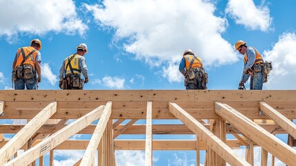 Construction workers on a wooden framework under a blue sky with clouds.