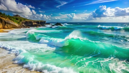 Beautiful coastal scene with turquoise water and crashing waves, coast, beach, sea, ocean, summer, vacation, tropical, paradise