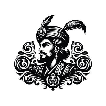 sinbad with victorian flourish decoration in black and white illustrations, cutout graphic