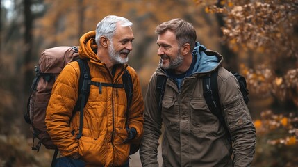 Fototapeta premium senior father and son walking together through nature, enjoying fresh air, family connection, and peaceful bonding time