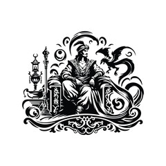 sinbad with victorian flourish decoration in black and white illustrations, cutout graphic