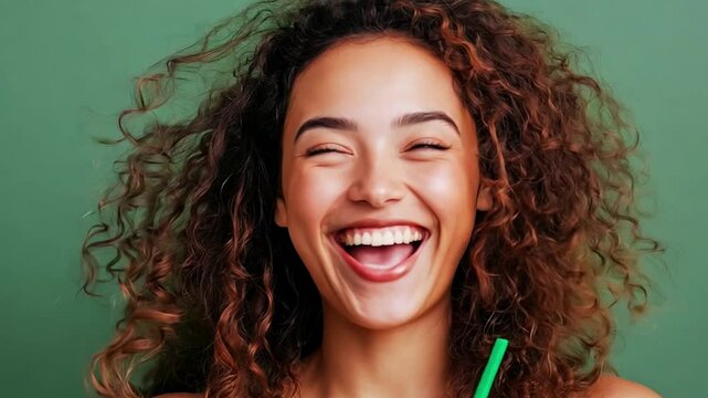 A balanced lifestyle and a diet rich in nutrients are symbolized by the image of a happy, smiling woman holding a green smoothie and laughing by herself against a green studio background.