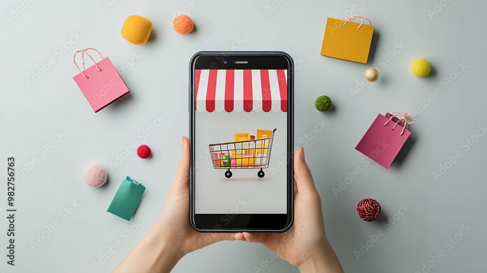 Aufkleber A stylized mobile device displaying an e-commerce platform with colorful pop-up discount notifications The illustration shows an animated style with products neatly arranged while sale alerts float