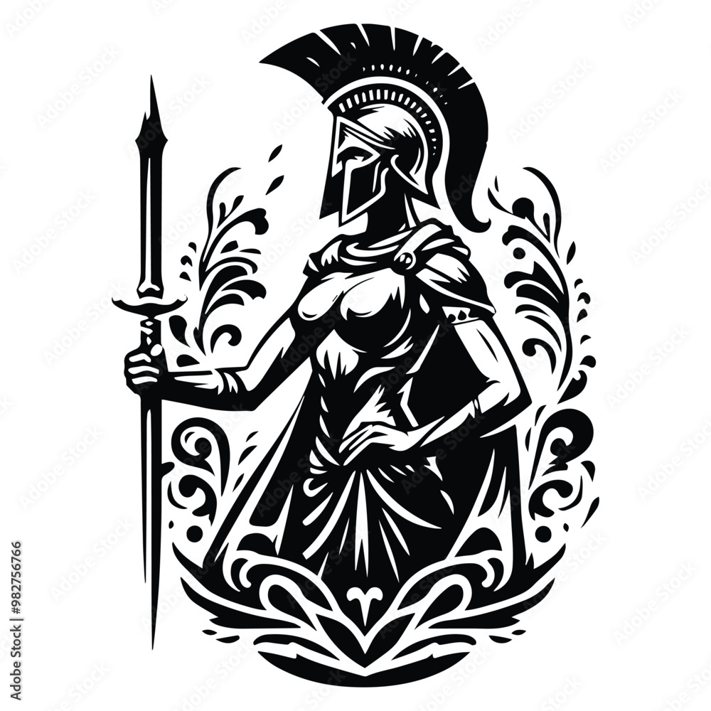 Wall mural sparta female with victorian flourish decoration in black and white illustrations, cutout graphic