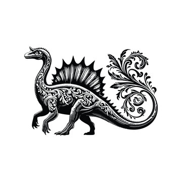 recommend clip art: Spinosaurus with victorian flourish decoration in black and white illustrations, cutout graphic
