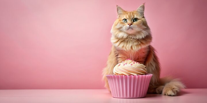 Fluffy pink cat sitting on a giant cupcake, fluffy, cat, pink, fur, cupcake, dessert, cute, adorable, feline, sweet