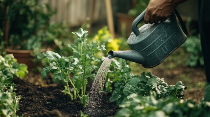 A person watering plants in a garden with a metal watering can.