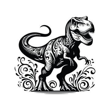 recommend clip art: Tyrannosaurus rex with victorian flourish decoration in black and white illustrations, cutout graphic