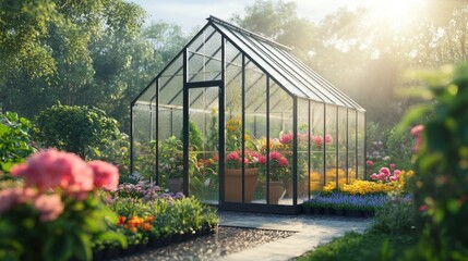 A vibrant greenhouse surrounded by colorful flowers in a serene garden setting.