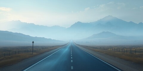 Photorealistic Long stretch of empty road leading towards misty mountains, cut out