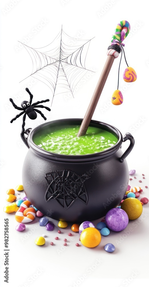 Canvas Prints A spooky cauldron filled with green potion, surrounded by colorful candies and a spider.