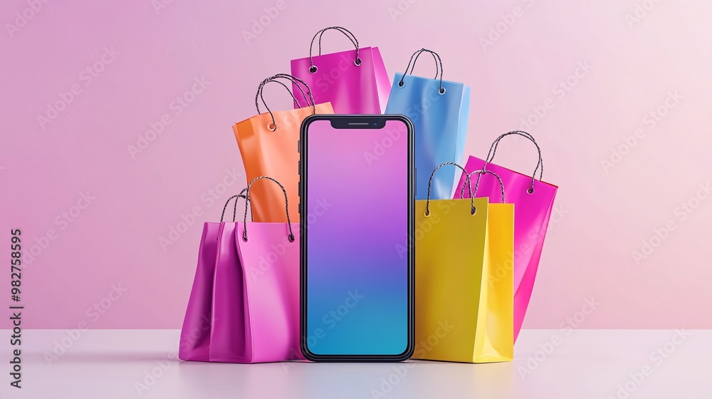 Poster A digital illustration featuring a smartphone app full of vibrant pop-up sales and discounts The items in the app are arranged neatly while the colorful discount notifications float above them