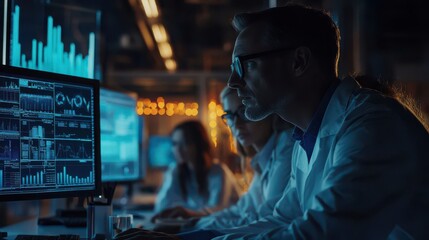 Team analyzing market trends on multiple computer screens