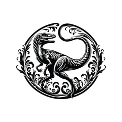Obraz premium Velociraptor with victorian flourish, in black and white illustrations, cutout graphic