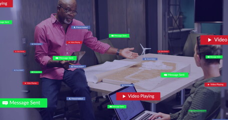 Image of social media notifications over diverse architects discussing at casual office