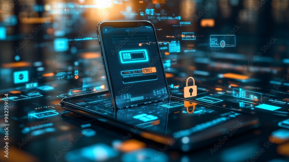 Poster A smartphone screen displays a digital payment interface with a credit card and secure checkout button highlighted The vector-style illustration includes icons for various payment methods and a