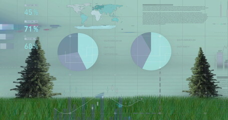 Image of financial data processing over trees and grass