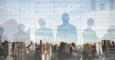 Image of financial data processing and business people over city