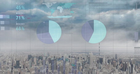 Image of financial data processing over city
