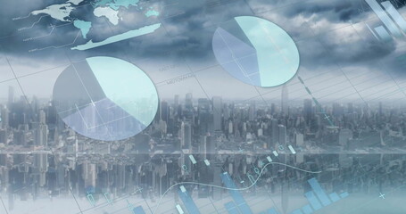 Image of financial data processing over city