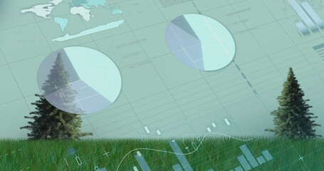 Image of financial data processing over trees and grass