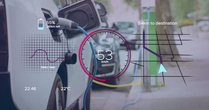 Image of eco icons and data processing over electric car charging
