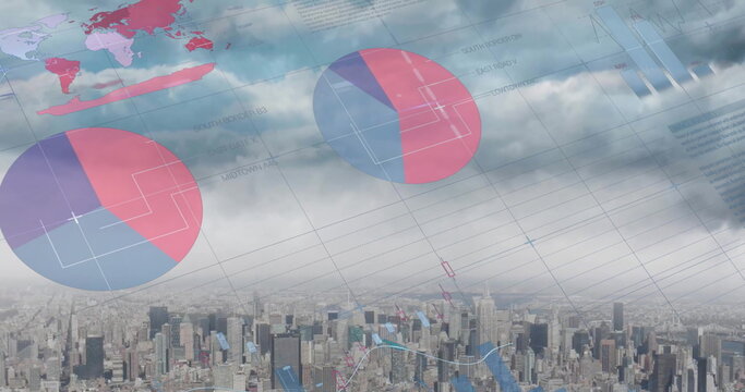 Image of financial data processing over city