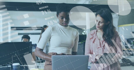 Image of financial data processing over diverse business people in office