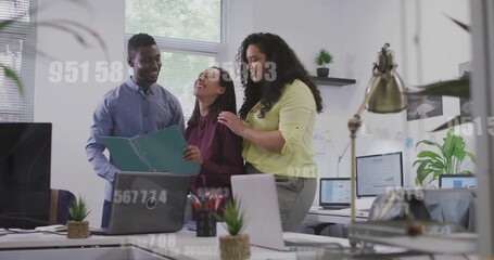 Image of data processing over diverse business people discussing work