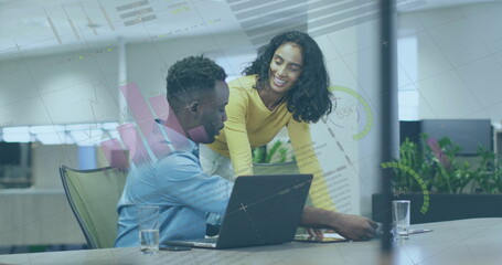 Image of financial data processing over diverse business people in office