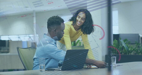 Image of financial data processing over diverse business people in office