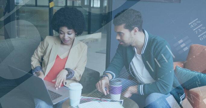 Image of financial data processing over diverse business people in office