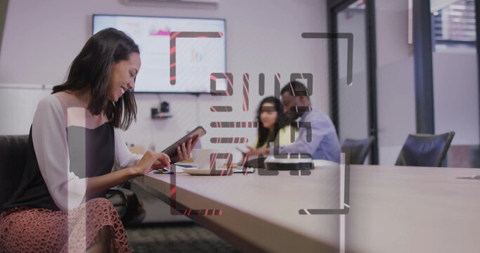 Image of qr code and neon lines over diverse business people discussing work