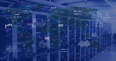 Image of world map and data processing over computer servers