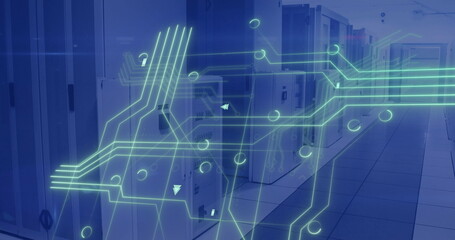 Obraz premium Image of circuit board and data processing over computer servers