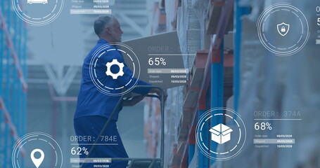 Image of digital data processing over caucasian man working in warehouse
