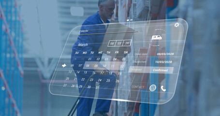 Image of digital data processing over caucasian man working in warehouse