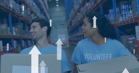 Image of digital data processing over diverse volunteers working in warehouse