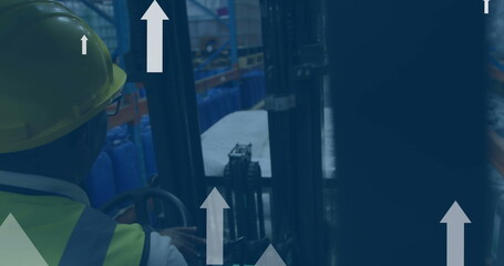 Image of digital data processing over biracial man working in warehouse